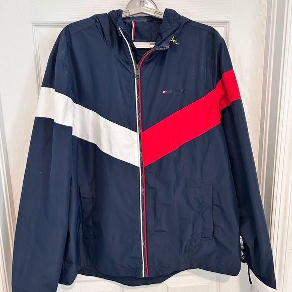 Tommy Hilfiger Other - Tommy Hilfiger Men's Windbreaker in Navy with Red and White Stripes Hood Size XL